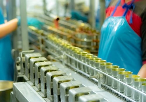 Canned fish factory. Food industry.  Sardines in red tomato sauce in tinned cans on conveyor belt at food factory. Blur workers working in food processing production line. Food manufacturing industry.
